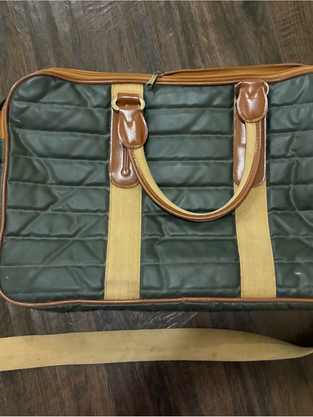 Diane Von Furstenburg DVF Olive Green Quilted Travel Tote Satchel Tan Straps